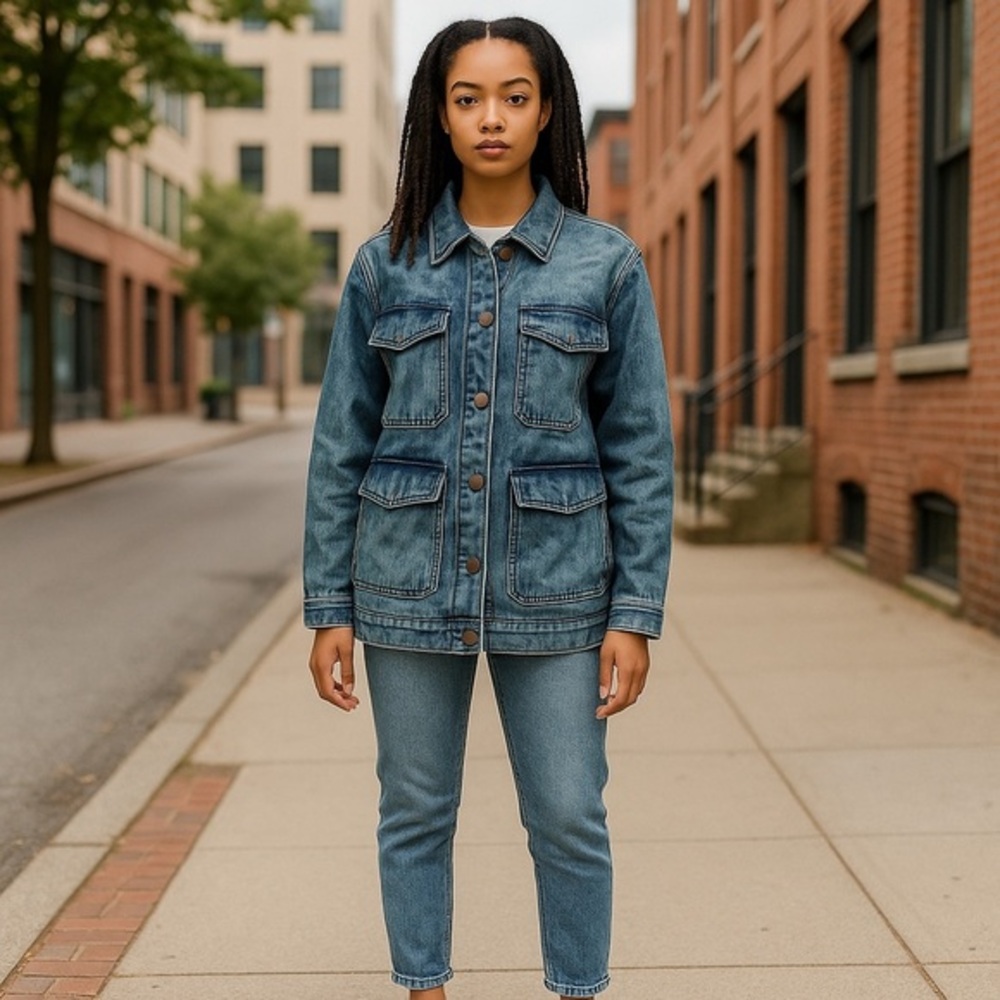 Oversized Blue Jean Jacket with Unique Acid Wash size Xs